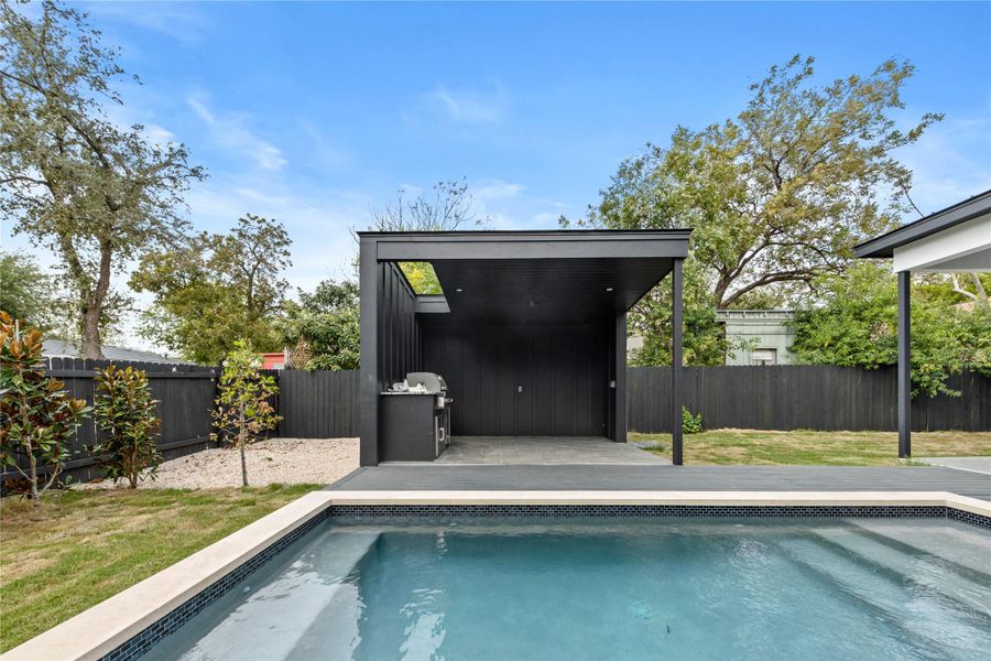 View of swimming pool featuring a fenced backyard and a patio area