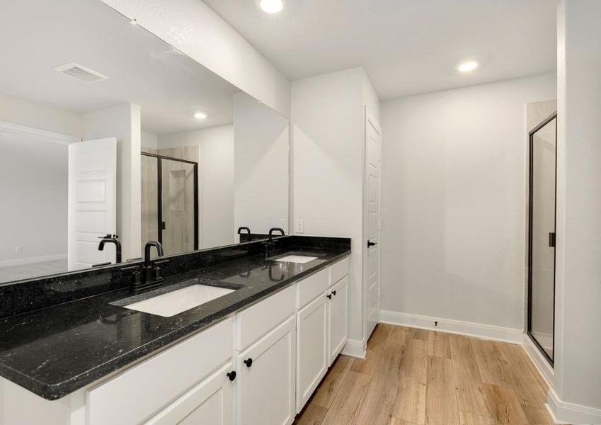 Master bathroom with double-sink vanity and lots of cabinet space.