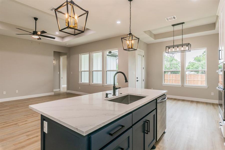 Kitchen featuring a raised ceiling, a sink, open floor plan, light wood finished floors, and baseboards Kitchen featuring a raised ceiling, a sink, open floor plan, light wood finished floors, and baseboards