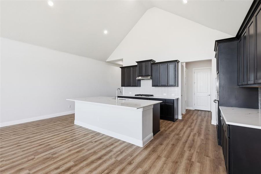 Kitchen featuring dark cabinets, a center island with sink, a high ceiling, light stone countertops, and light wood-style flooring Kitchen featuring dark cabinets, a center island with sink, a high ceiling, light stone countertops, and light wood-style flooring