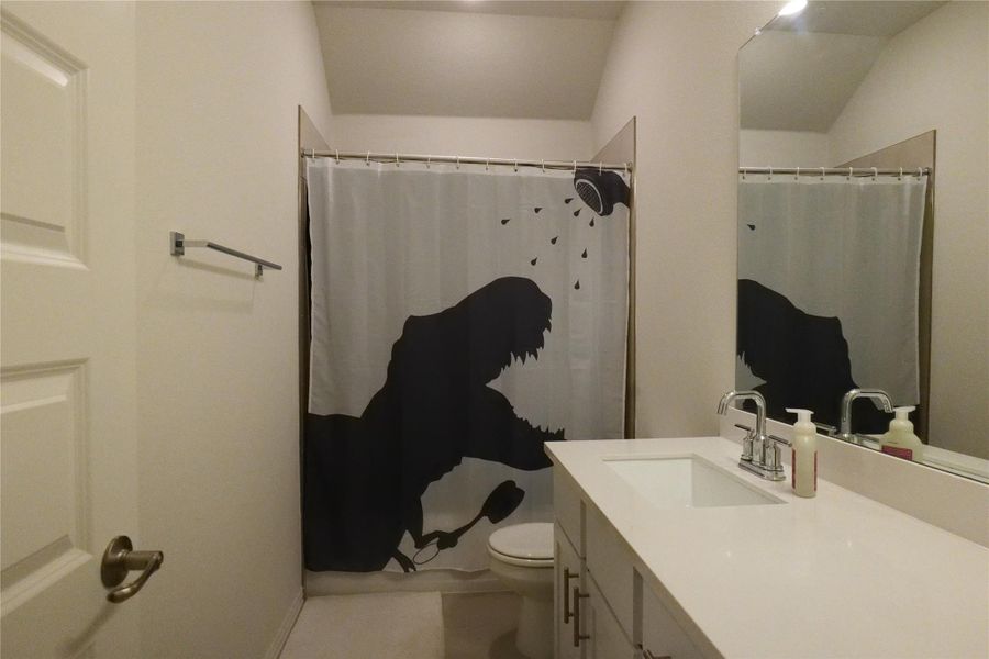 A well-appointed bathroom features a modern vanity with a sleek countertop, providing both style and practicality.