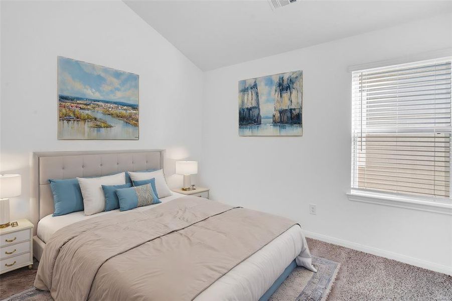 Secondary bedroom features plush carpet, neutral paint, high ceilings, and a large window with privacy blinds.