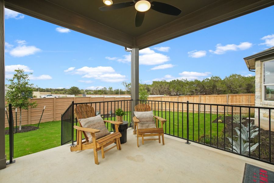 Exterior details and patio area of a home in Anthem 50', Kyle (Image 4). Exterior details and patio area of a home in Anthem 50', Kyle (Image 4).