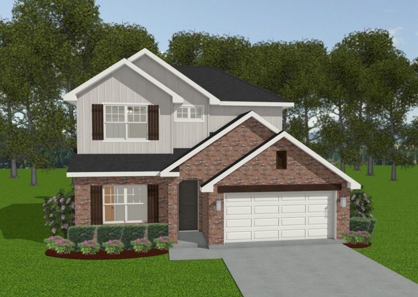 Front exterior of a new home in Mission Ranch, College Station, TX, highlighting curb appeal (Image 1).