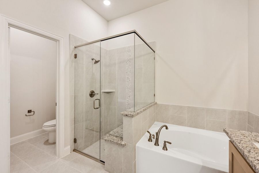 Bathroom with glass-enclosed walk-in shower, soaking tub, and separate water closet with tile walls Bathroom with glass-enclosed walk-in shower, soaking tub, and separate water closet with tile walls