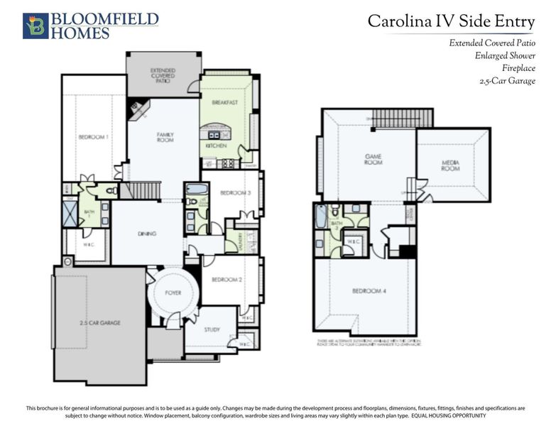 Bloomfield Homes Carolina IV Side Entry floor plan with 4 bedrooms, study, game room, media room, and 2.5-car garage.