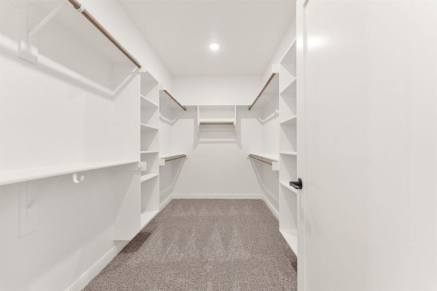 Walk in closet featuring light colored carpet