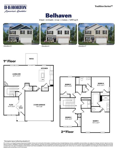 2D floor plan layout for the BELHAVEN by D.R. Horton in Galvins Ridge, Sanford, NC (Image 3).
