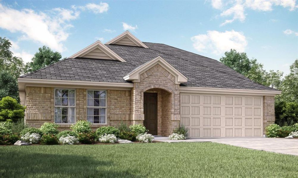 View of front facade featuring a garage and a front lawn