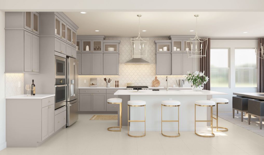 Kitchen with glass upper cabinets and pendant lighting