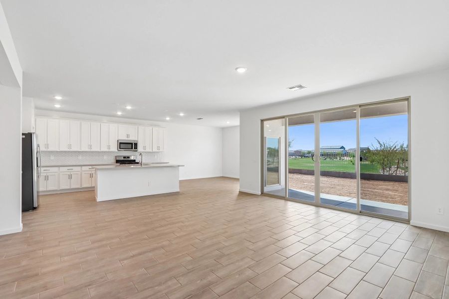 Great room, kitchen and dining