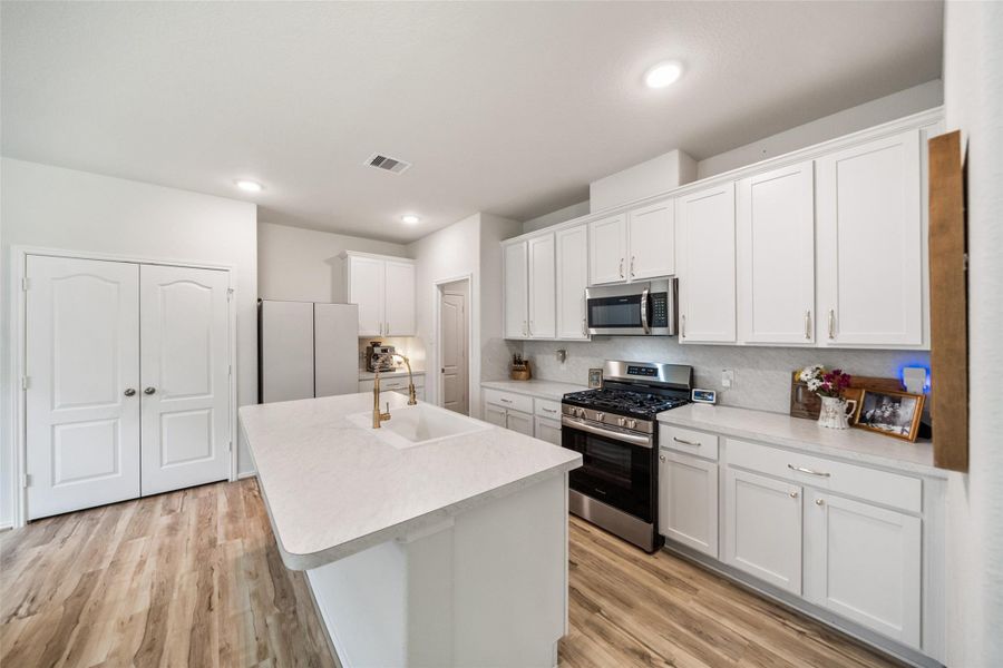 Double doors open to a nice size pantry. Note the recessed lighting in the kitchen and plenty of counter space