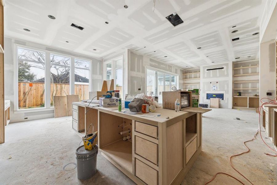 View from the Kitchen towards the Family Room and the Breakfast Area.   Construction as of Jan. 13th, 2025.