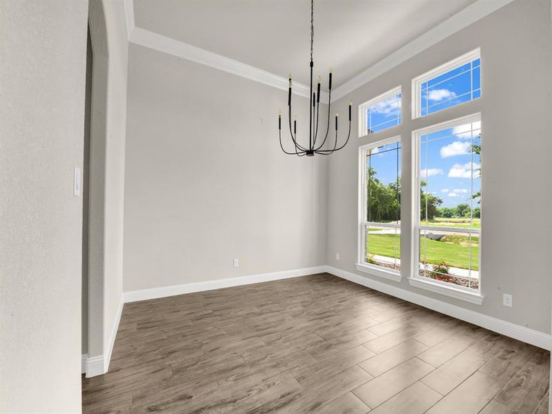 Empty room featuring a chandelier, ornamental molding, dark wood finished floors, baseboards, and a high ceiling Empty room featuring a chandelier, ornamental molding, dark wood finished floors, baseboards, and a high ceiling