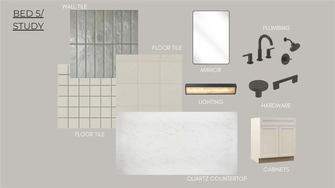 Bathroom finishes for study/optional bedroom with custom shaker cabinets, premium tile selections, shower and Citrine quartz countertops.Finishes subject to change.