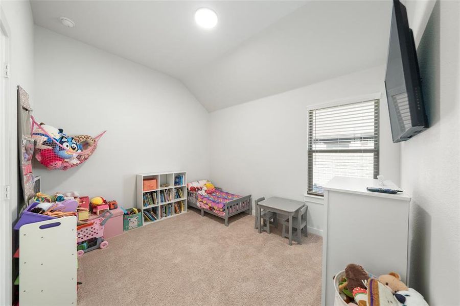 Recreation room with light carpet and vaulted ceiling