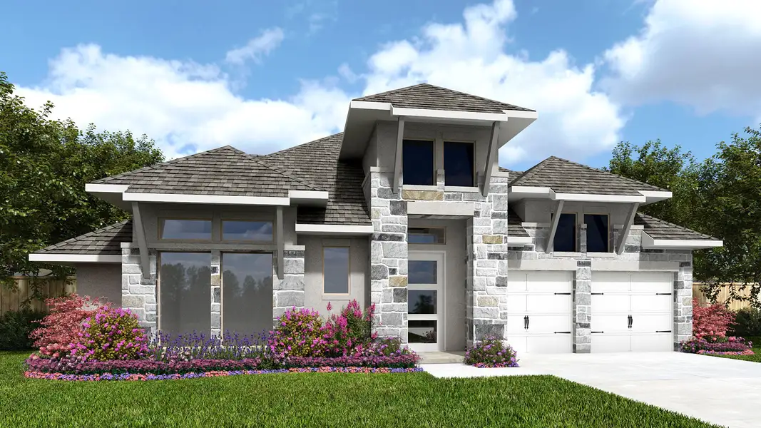 Representative exterior photo of a completed home built from the 3206W by Perry Homes in Parkside on the River, Georgetown, TX (Image 4).