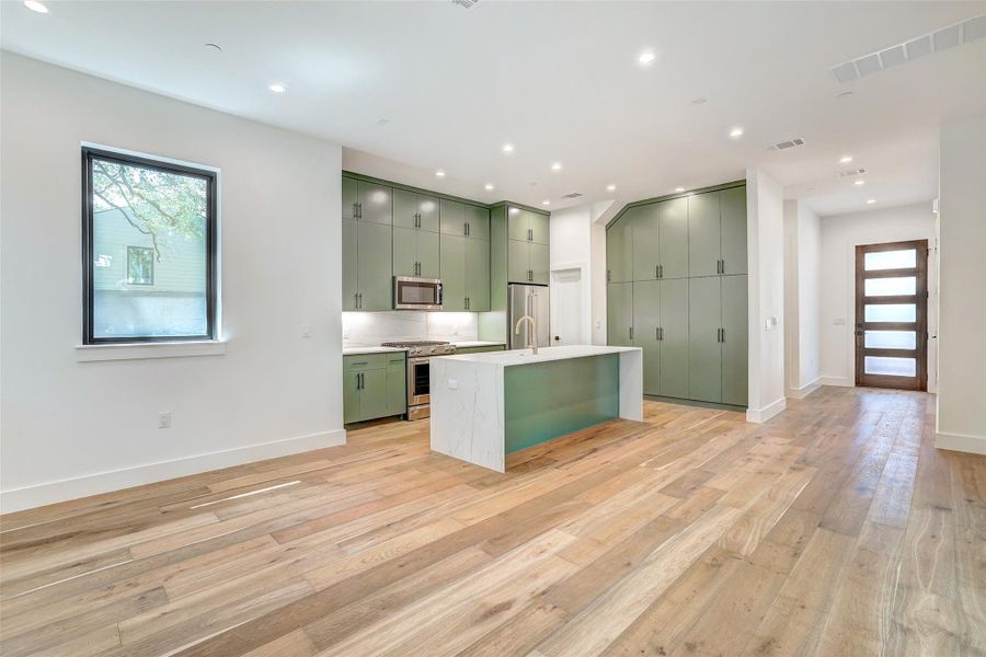 Kitchen featuring green cabinetry, stainless steel appliances, healthy amount of natural light, and recessed lighting