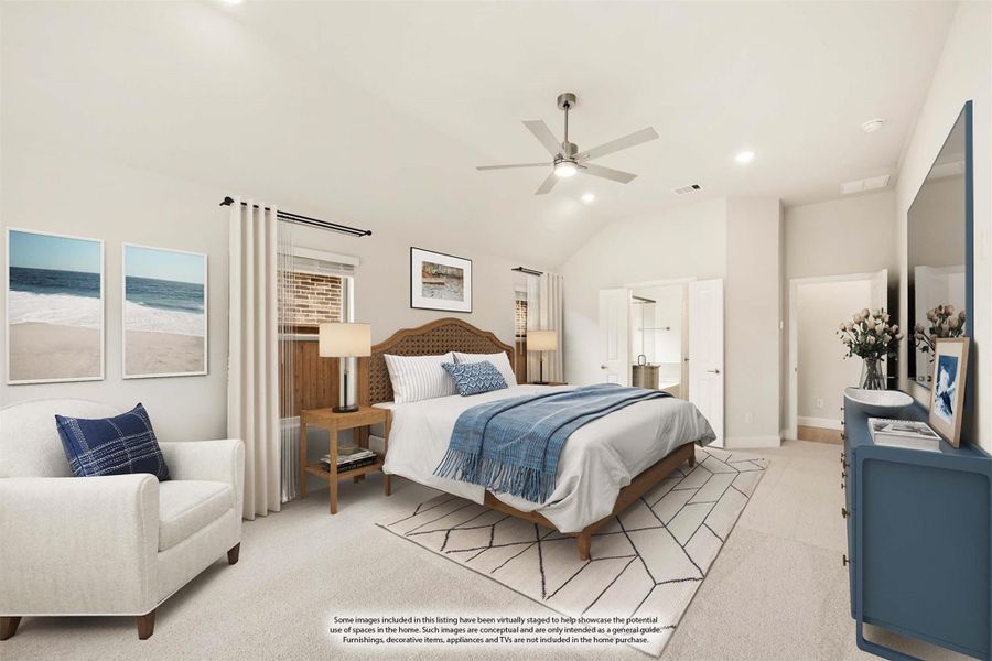 Spacious master bedroom with vaulted ceiling, ceiling fan, carpet flooring, and ensuite bathroom access Spacious master bedroom with vaulted ceiling, ceiling fan, carpet flooring, and ensuite bathroom access