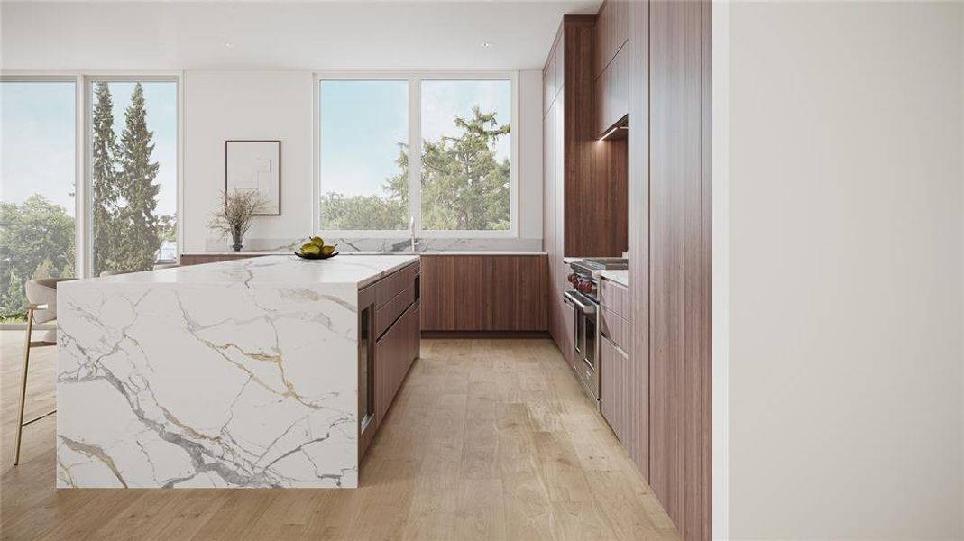 Artist Rendition detailing another perspective of the homes Kitchen that opens the homes living & dining areas. The kitchen is replete with top tier Thermador appliances (all paneled of course). Waterfall edge stone finishes & custom designed Eggersmann cabinetry throughout married by the European Oak flooring.