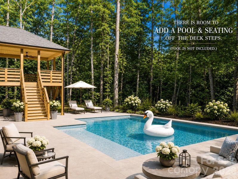 Virtually staged to show there is room for pool. Please verfiy with Pool company & county.