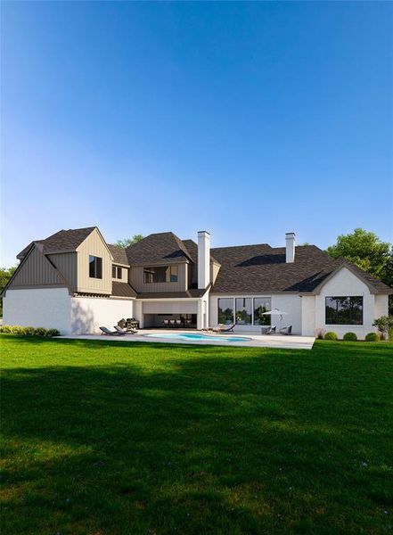 Expansive rear exterior featuring a swimming pool with surrounding patio, a broad lawn, multiple large windows, and a combination of white brick and dark siding