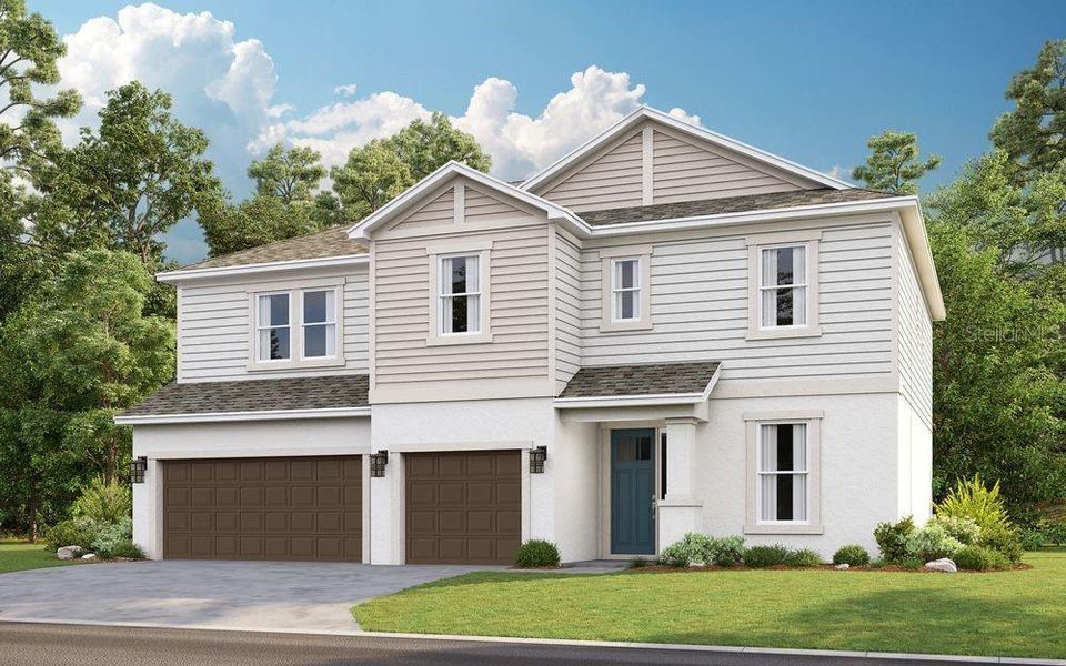 Front exterior of a new home in Palms at Coasterra, Palmetto, FL, highlighting curb appeal (Image 1). Front exterior of a new home in Palms at Coasterra, Palmetto, FL, highlighting curb appeal (Image 1).
