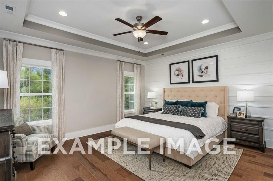 Bedroom with ceiling fan, dark hardwood / wood-style floors, and a raised ceiling