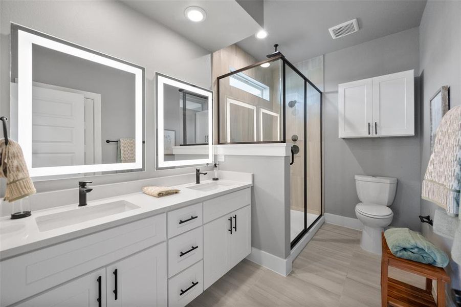 Master bathroom with separate shower and dual sinks