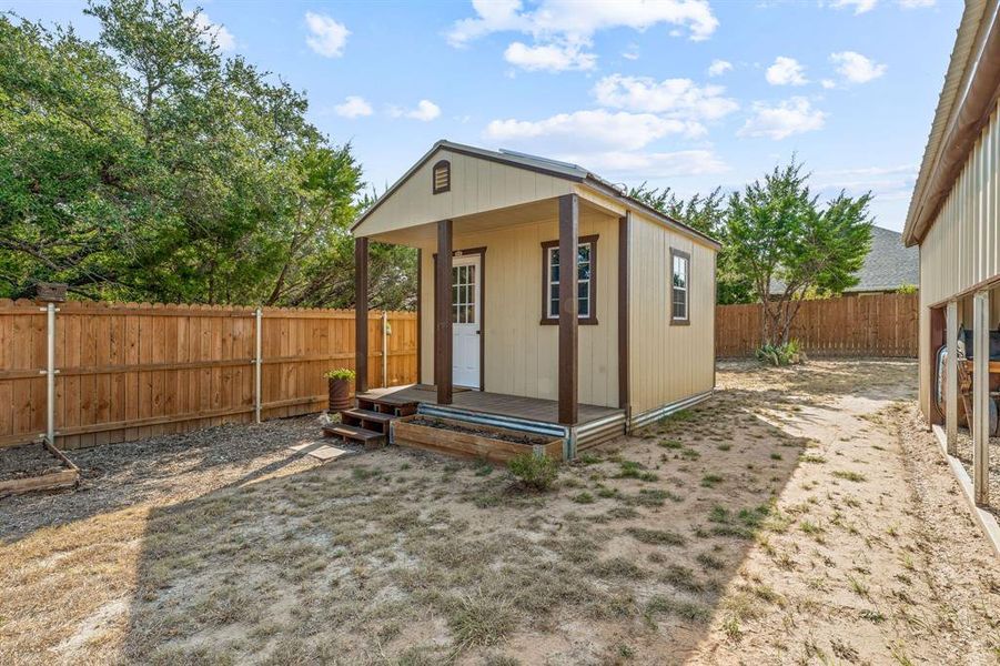 View of outdoor structure with a fenced backyard