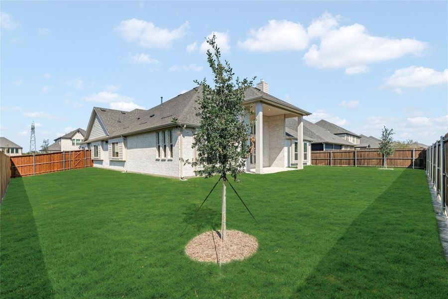 Backyard of single-story brick home with large green lawn, young tree, and wood privacy fence.