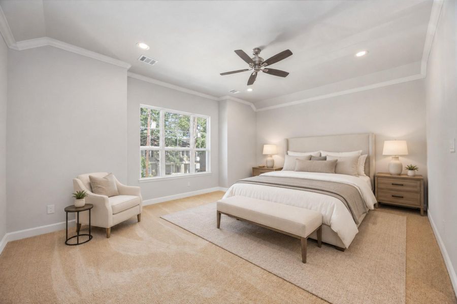 Primary Retreat: A spaciously lit sanctuary, complete with a ceiling fan for personalized comfort and views overlooking the front of the home. Primary Retreat: A spaciously lit sanctuary, complete with a ceiling fan for personalized comfort and views overlooking the front of the home.