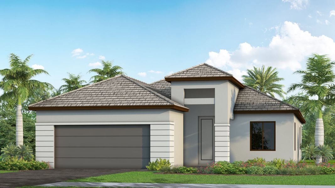 Front exterior of a new home in SkySail Real Estate and Homes for Sale in Naples, FL - Neal Communities, Naples, FL, highlighting curb appeal (Image 18).