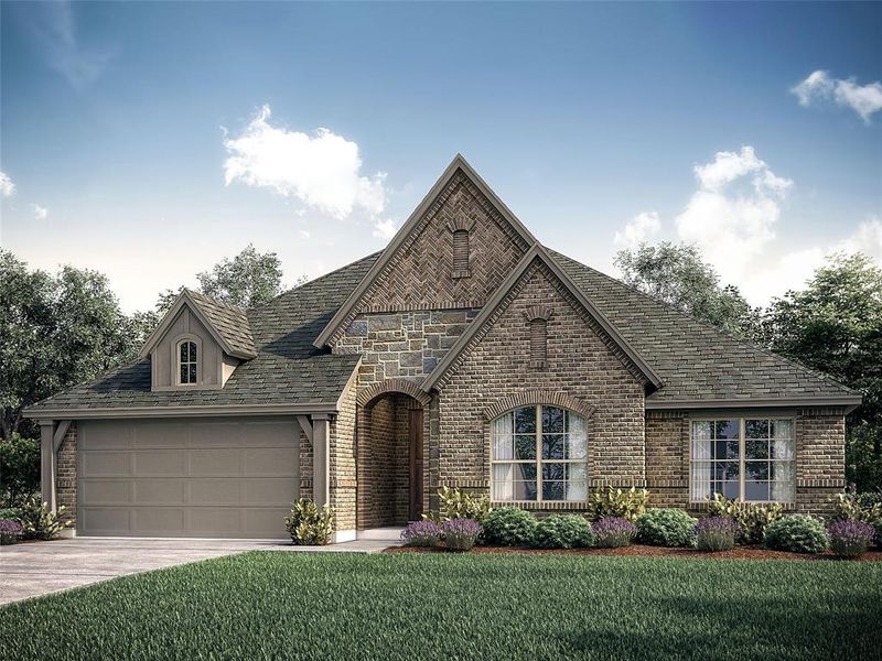 View of front of home with a garage and a front lawn