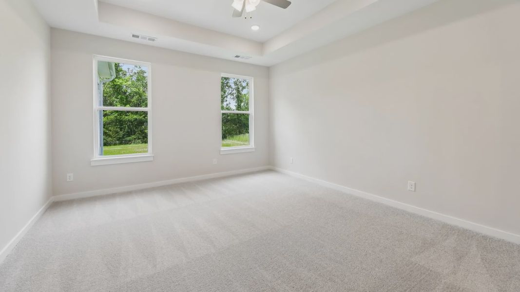Primary suite with tray ceiling, windows, and carpet