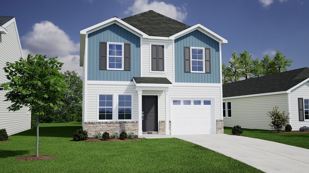 Front exterior of a new home in Tucker Ridge, Pendleton, SC, highlighting curb appeal (Image 1).