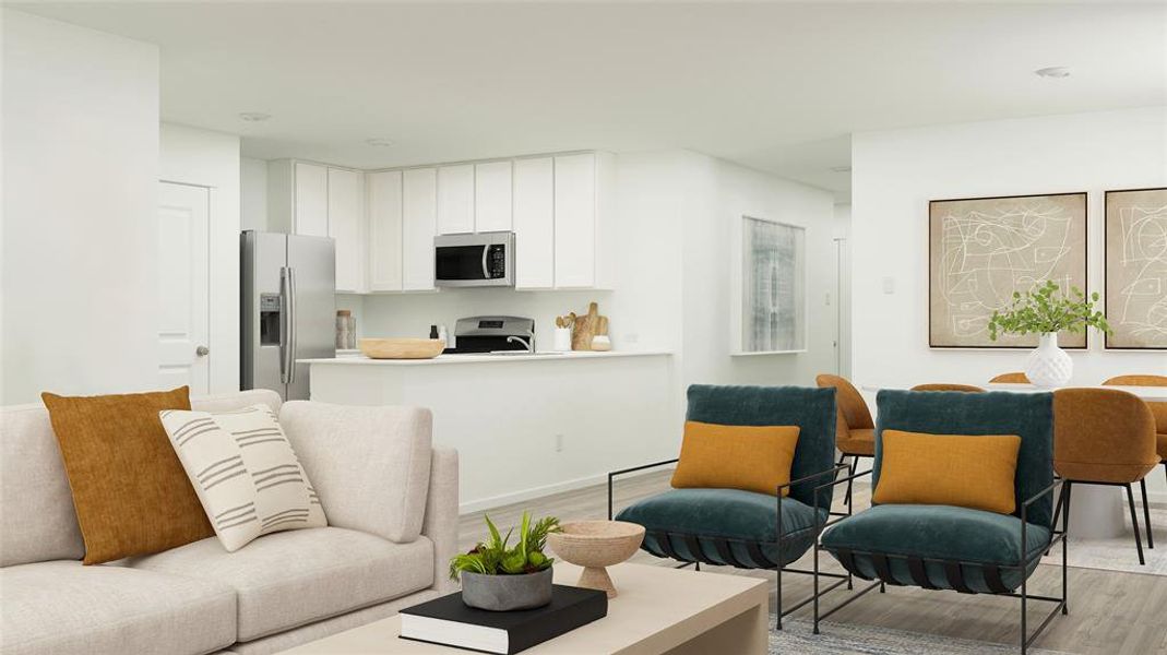 Living area with light wood-style floors