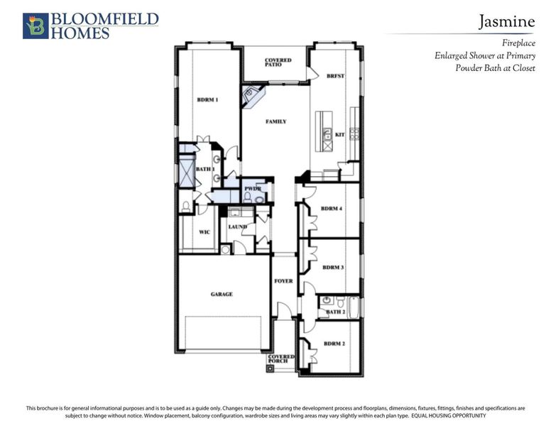 Bloomfield Homes Jasmine floor plan with four bedrooms, two bathrooms, family room, kitchen, garage, and covered patio.