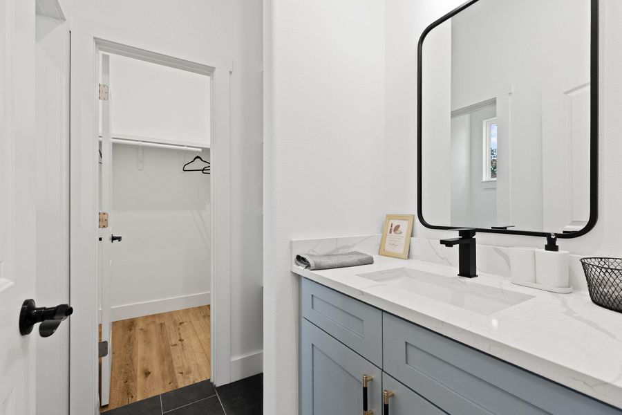 Bathroom featuring vanity, a walk in closet, and dark wood finished floors
