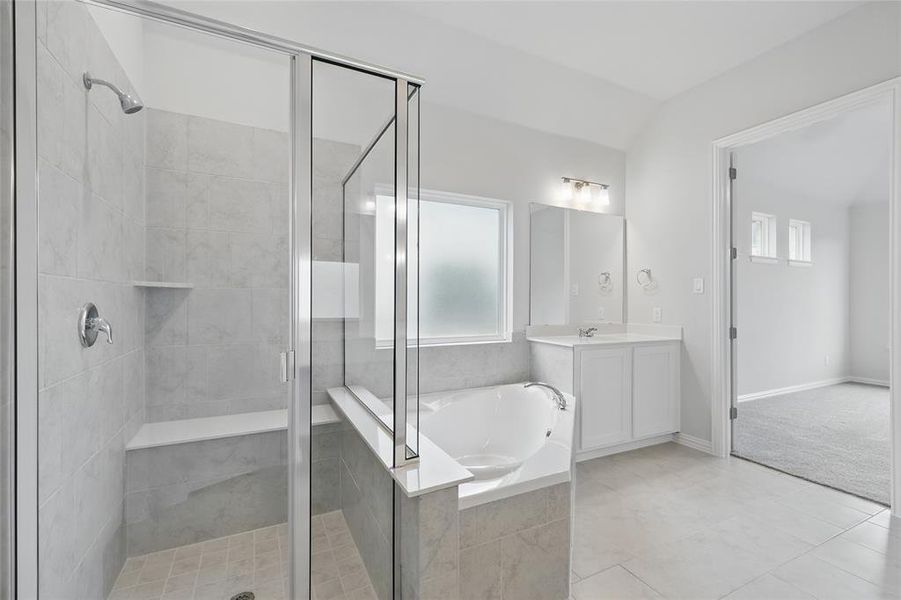 Full bathroom with vanity, a shower stall, a garden tub, and lofted ceiling Full bathroom with vanity, a shower stall, a garden tub, and lofted ceiling