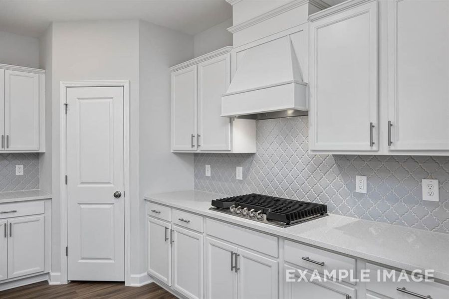 Kitchen featuring premium range hood, dark wood-type flooring, tasteful backsplash, white cabinetry, and stainless steel gas cooktop