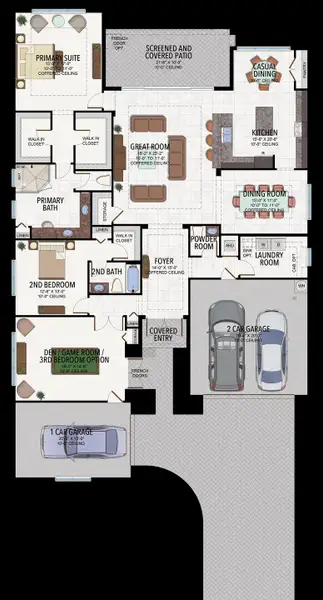 2D floor plan layout for the Caroline by GL Homes in Valencia Parc at Riverland, Port St. Lucie, FL (Image 5).