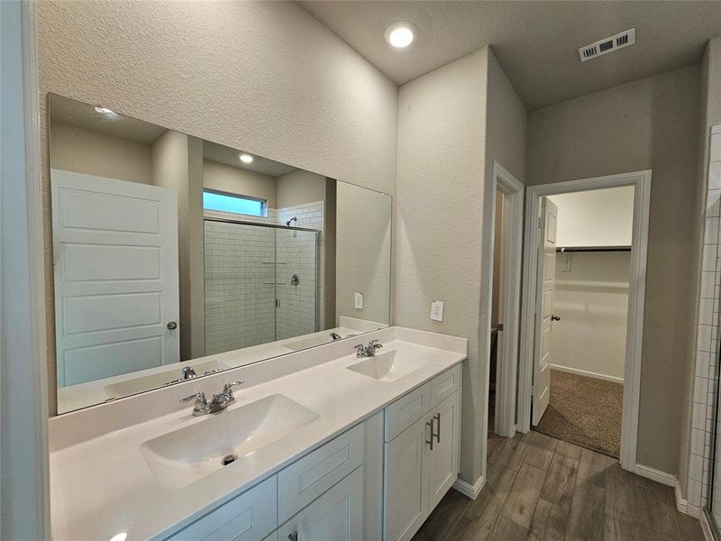 Full bathroom with a spacious closet, double sink, a stall shower, wood-looking tile flooring.