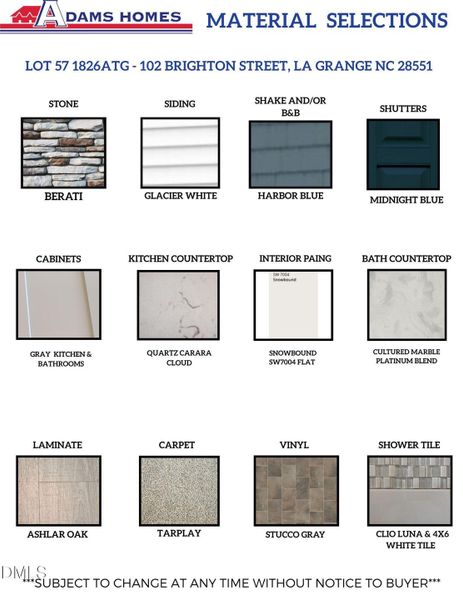 LOT 57 MATERIALS SELECTIONS