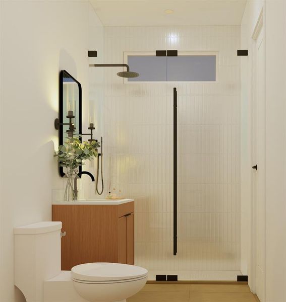Bathroom with vanity, walk in shower, and light tile patterned floors