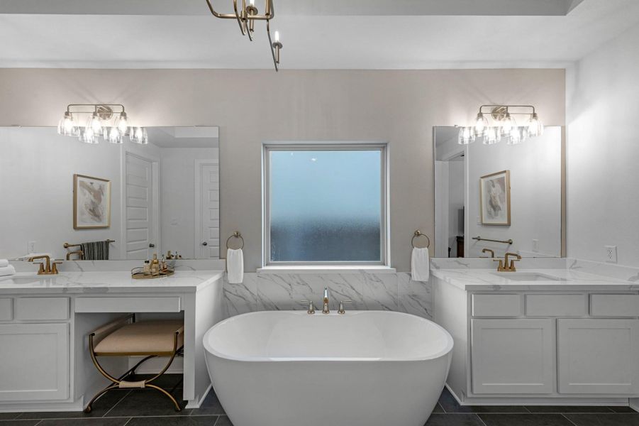Two vanities and a large tub.