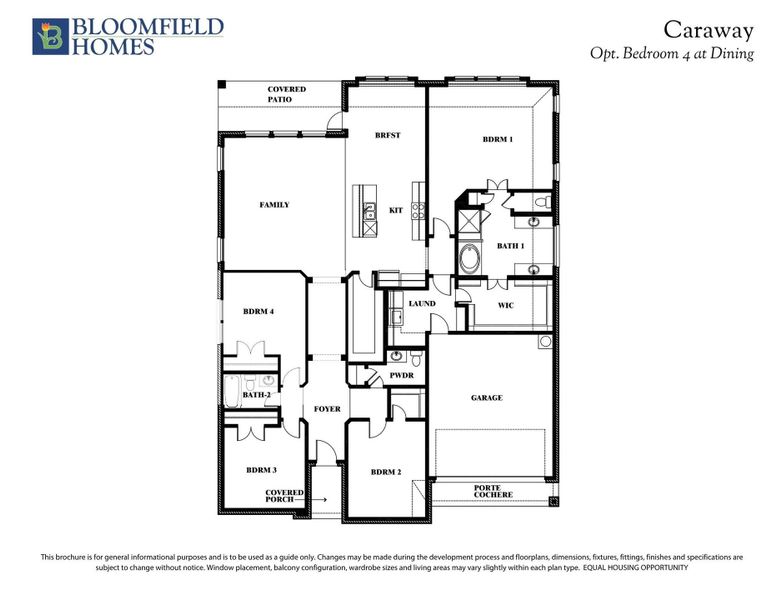 Bloomfield Homes Caraway floor plan with four bedrooms, two bathrooms, family room, kitchen, and garage layout. Bloomfield Homes Caraway floor plan with four bedrooms, two bathrooms, family room, kitchen, and garage layout.