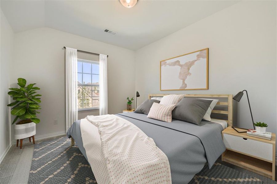 Virtually Staged Photo - Bedroom featuring carpet flooring and vaulted ceiling