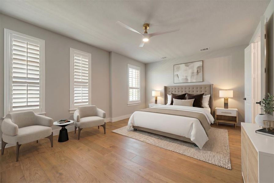 Light wood-finish flooring complemented by neutral wall tones