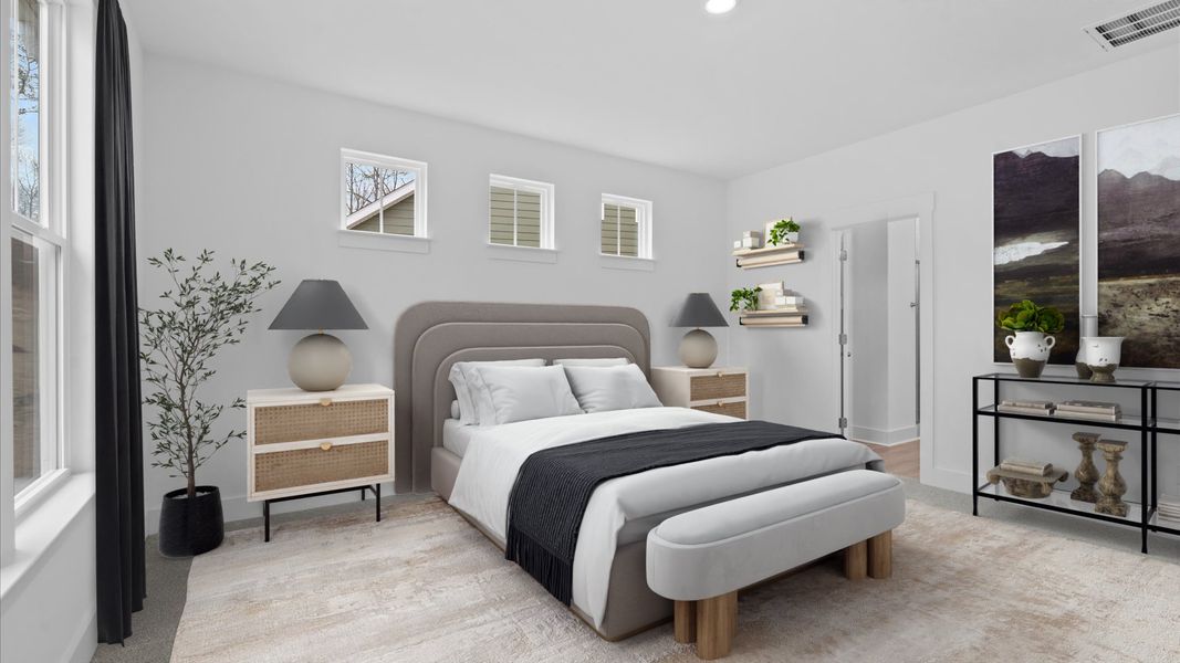 Serene and stylish primary bedroom featuring carpeted flooring and a thoughtful, modern layout at Pleasant Falls in Moore, SC